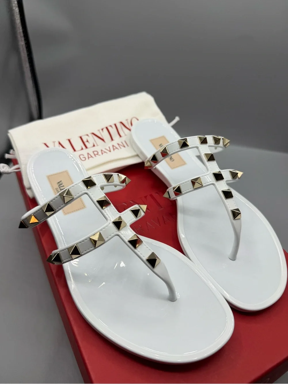 Valentino Garavani White Patent Rockstud Triple-Strap Thong Sandals
